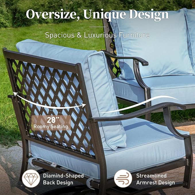 SUNSHINE VALLEY 6 Piece Metal Outdoor Patio Furniture Set with Firepit Table, Patio Conversation Set 1 3-seater Sofa, 2 Swivel Chair, 2 Ottoman with 5.75" Thick Cushion, Black Backyard Furniture, Blue