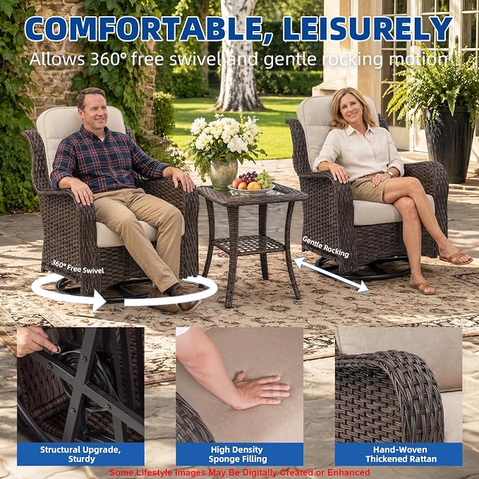 5-Piece Outdoor Swivel Chairs with Ottoman and Side Table, Patio Glider Chair with 6" Thick Cushions, Weather-Resistant Rattan Patio Furniture Set, for Yard, Poolside, Porch, Deck