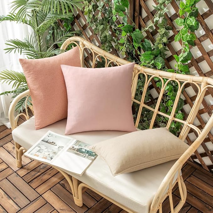 Outdoor Waterproof Throw Pillow Covers Light Pink 16x16 Set of 2 | Decorative Farmhouse Linen Pillowcases Solid Cushion Cases for Patio Tent Balcony Couch Sofa Living Room
