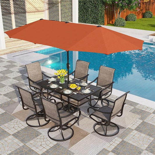 PHI VILLA 8 Piece Outdoor Dining Set with 13ft Patio Umbrella (Orange Red), 6 Patio Padded Swivel Dining Chairs & 1 Large Metal Dining Table for Lawn Garden Backyard (No Umbrella Base)