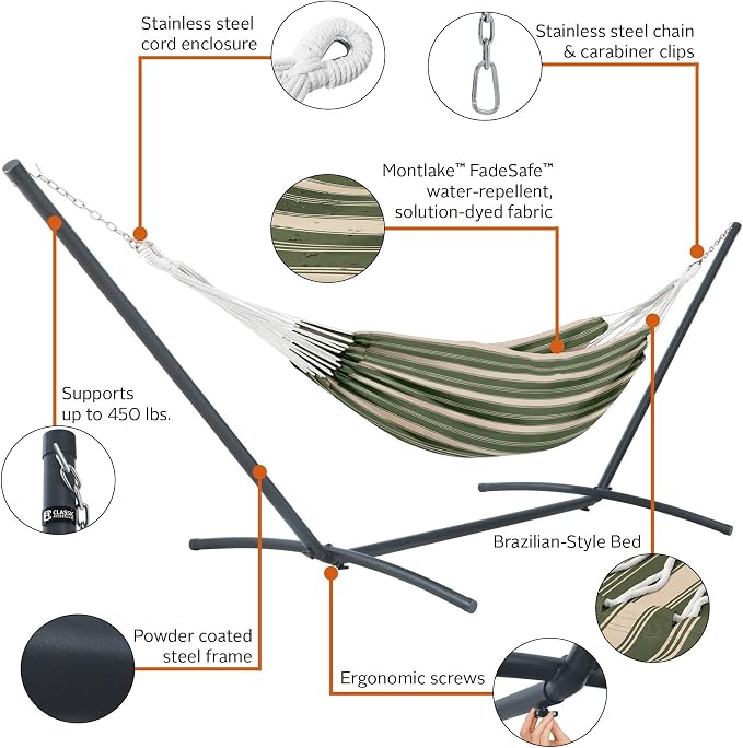 Classic Accessories Montlake Fadesafe Brazilian Hammock with Steel Stand, Heather Fern Green Stripe