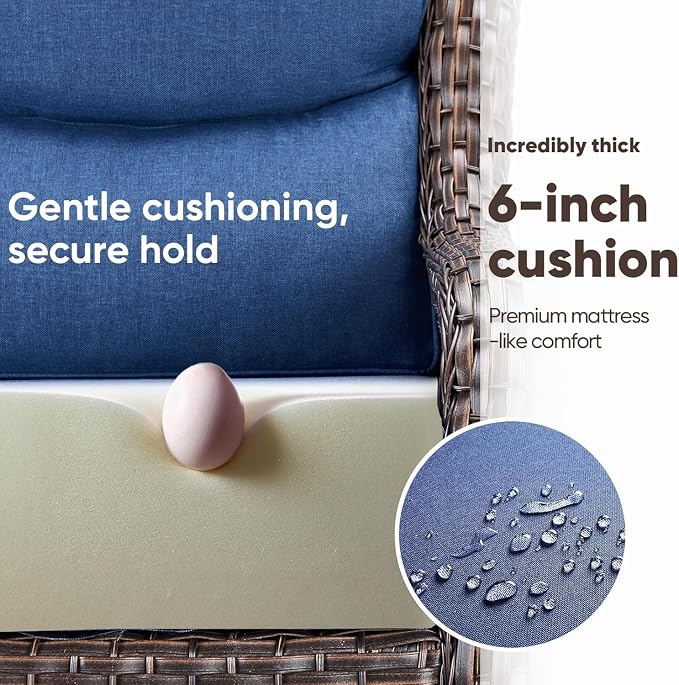 Luxury Patio Furniture Set 10pcs with 6-inch Cushion, Outdoor Furniture with Fire Pit Table, Swivel Chairs, Sofa, Side Table, Ottomans, Patio Set for Deck Yard Brown Wicker | Blue Cushions