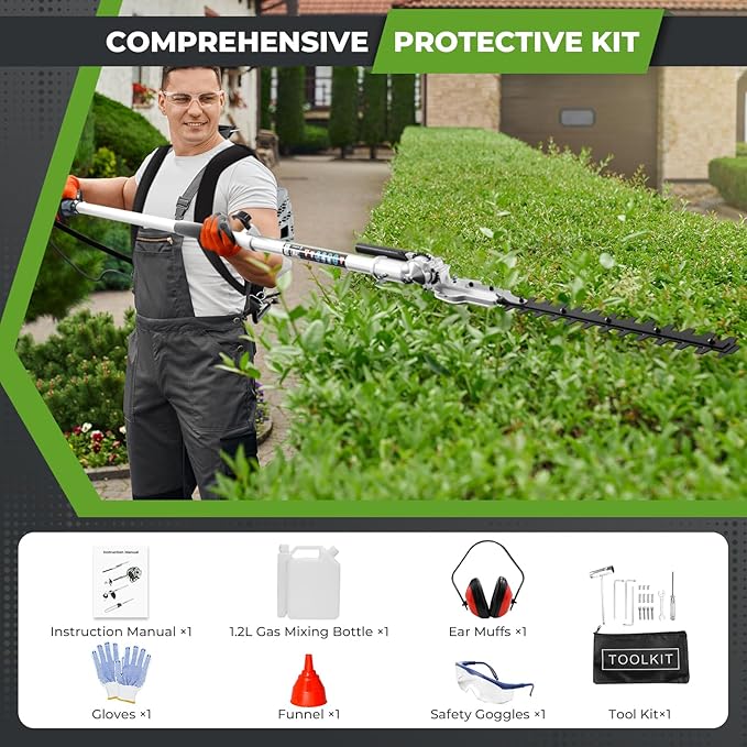 6-in-1 Multi-Functional Gas Powered Weed Wacker, 52CC 2-Stroke Backpack Gas Weed Eater String Trimmer, Hedge Trimmer, Pole Saw, Brush Cutter Blade, Safety Lock & Shoulder Strap for Garden, Yard