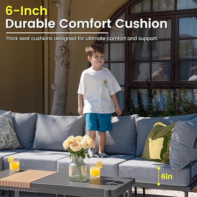 Sundale Outdoor 4 Pieces Patio Furniture Set, Metal Sectional Sofa Patio Conversation Set with 6 Inch Cushions, Modern Patio Corner Couch for Balcony, Porch, Sunroom (Grey/Dark Grey)