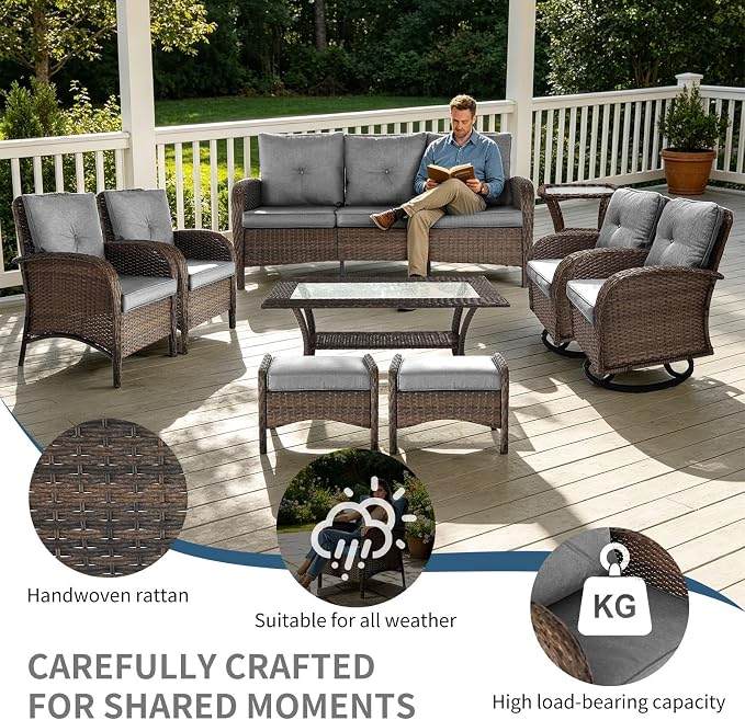 Outdoor Swivel Rocker Patio Chairs (Brown Wicker/Grey Cushion, 9PC/Sofa & Swivel & Chair &2 Table& Ottomans)