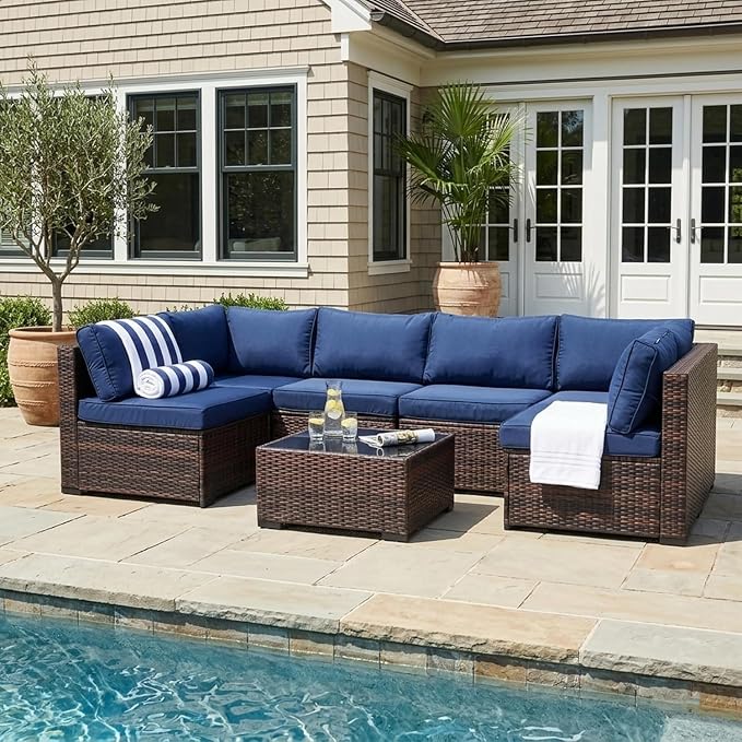 LAUSAINT HOME 7 Pieces Outdoor Patio Furniture, Outdoor Sectional Sofa Patio Furniture Sets Wicker Rattan Patio Conversation Sets with Cushion and Glass Table (Dark Blue)