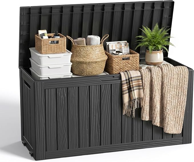 EasyUp 75 Gallon Outdoor Storage Box, Waterproof Compact Resin Deck Box with Wheels, UV-Resistant for Patio Furniture, Outdoor Cushions, Garden Tools and Pool Floats (Black, 75 Gallon)