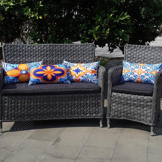 ONWAY Outdoor Pillow Covers Waterproof 12x20 Set of 4 Floral Boho Decorative Throw Cushion Cover Farmhouse Pillows for Bench, Couch, Patio Furniture
