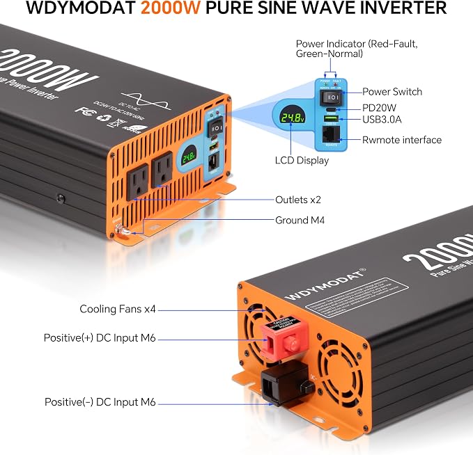 2000W Pure Sine Wave Inverter,24V DC to 120V AC Car Power Inverter 4000W Peak with 2AC Outlets, 3.0A USB and Type-C, LCD Display 16.5 ft Remote Control for RV Truck Travel Solar Emergency