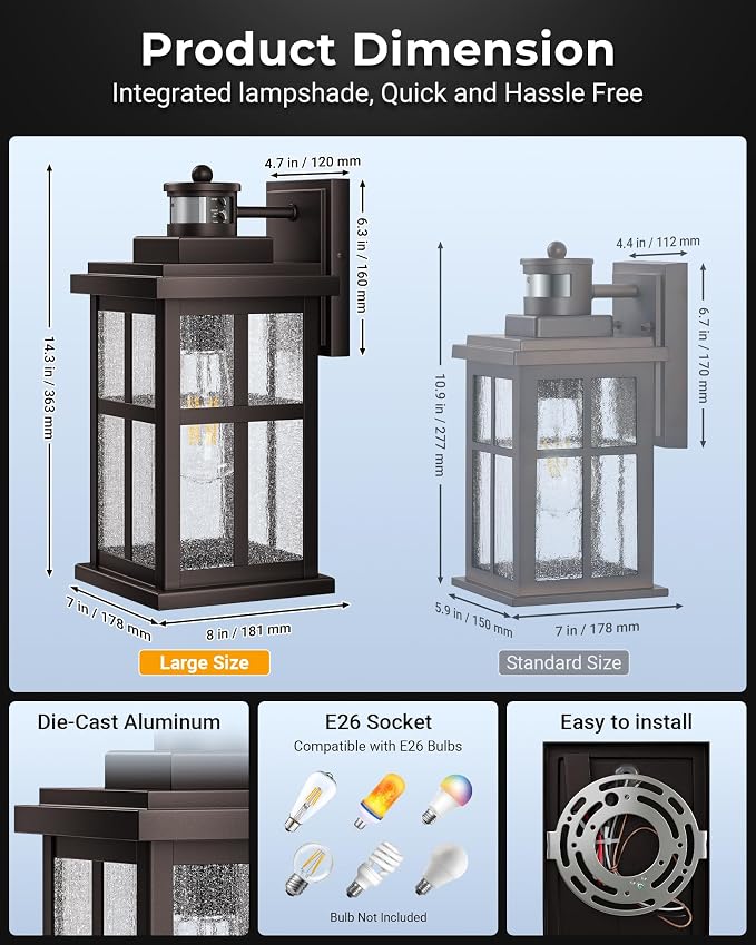 VIANIS Large Motion Sensor Porch Lights Outdoor, Oil Rubbed Bronze Farmhouse Outdoor Garage Lighting Fixtures Wall Mount for House, Anti-Rust Waterproof Exterior Sconce Light for Coach, Patio