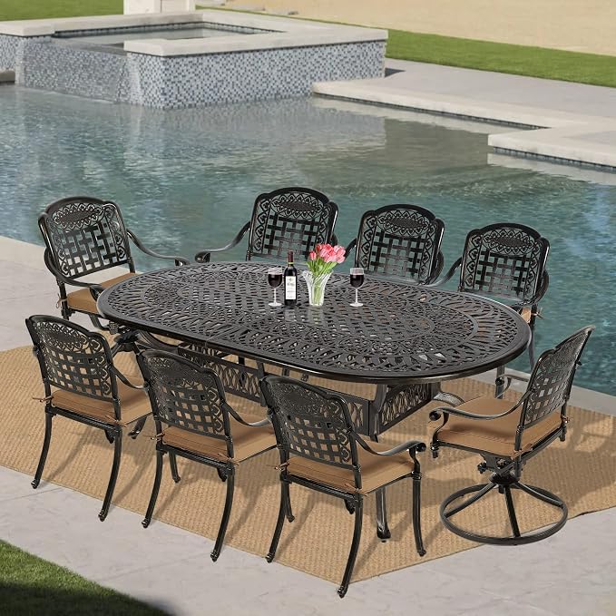 VIVIJASON 9-Piece Patio Furniture Dining Set, All-Weather Cast Aluminum Outdoor Conversation Set, Include 6 Stationary Chairs, 2 Swivel Dining Chairs and an Oval Table with Umbrella Hole