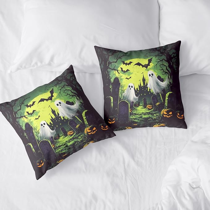 2 Pack Halloween Pillow Covers 24x24 Graveyard Ghost Throw Pillow Covers Horror Spooky Green Full Moon Night Pillow Case Bat Pumpkin Cushion Case for Holiday Party Decor Couch Sofa
