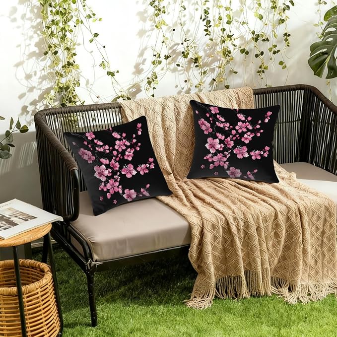 18x18 Inch Outdoor Pillow Covers Set of 2 Waterproof Throw Pillow Covers Decorative Couch Cushion Covers Pink Cherry Blossom Square Pillowcases Protectors for Patio Garden Sofa