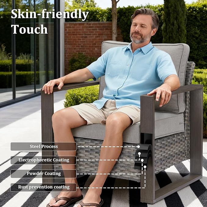2PCS Outdoor Swivel Patio Chairs Set, All-Weather Wicker Swivel Rocker Chairs with High Back and Deep Seat, Patio Seating for Porch, Deck, Backyard and Poolside Grey/Grey Cushions