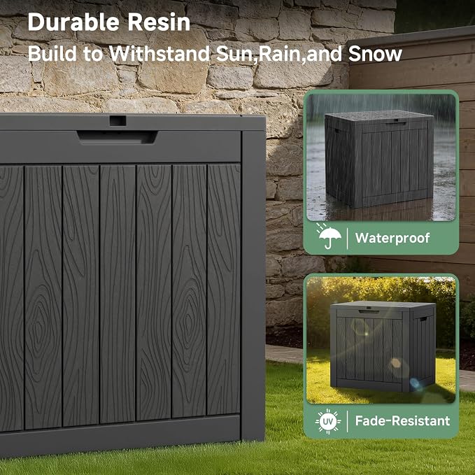 PatioZen 35 Gallon Outdoor Deck Box,Waterproof Resin Outdoor Storage Boxes, Outside Storage Lockable Container for Garden Tools,Indooor Cushions,Accessories (Black)