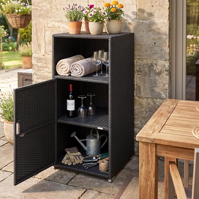 Tangkula Rattan Outdoor Storage Cabinet, Patiojoy PE Wicker Outdoor Cabinet with 3 Storage Shelves, Open Compartment and Door, Patio Storage Deck Box for Porch, Poolside, Backyard