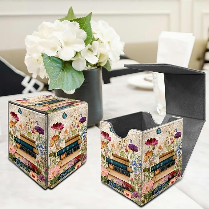 Vintage Flower Books Card Deck Box for MTG, Personalized Card Storage Case Fits 120+ Sleeved Cards, Premium Leather TCG Box with Strong Magnetic Closure for Magic, CCG, PTCG, Baseball Cards