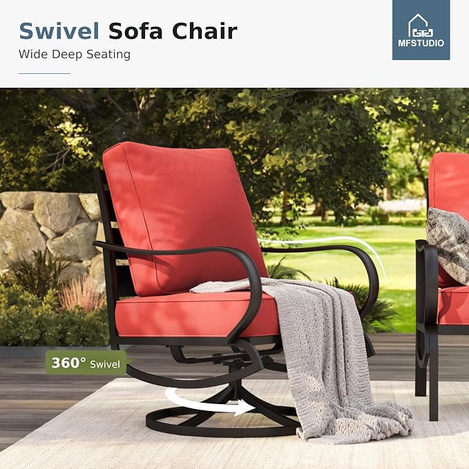 MFSTUDIO 8 Pieces Patio Furniture Sets with 45" Gas Fire Pit Table(Up to 9 Seat),Outdoor Metal Conversation Sofas with 1 x 3-Seat Sofa, 2 Single Chairs,2 Swivel Chairs and 2 Ottoman,Red Cushion