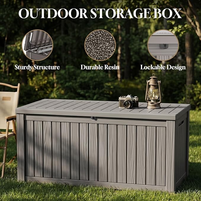 ROJIK 150 Gallon Outdoor Storage Box Waterproof,Weatherproof Deck Boxes Outdoor Lockable,Resin Outside Storage Box for Garden Tools,Cushions,Pool Accessories(Grey,150 Gal)