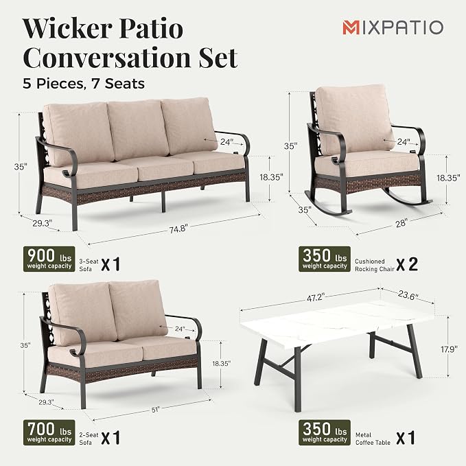 MIXPATIO Patio Furniture Set with Coffee Table, Outdoor Conversation Set with 2 x Rocking Chairs, 1 x 2-Seat Sofa, 1 x 3-Seat Sofa for Lawn Garden Backyard, Beige