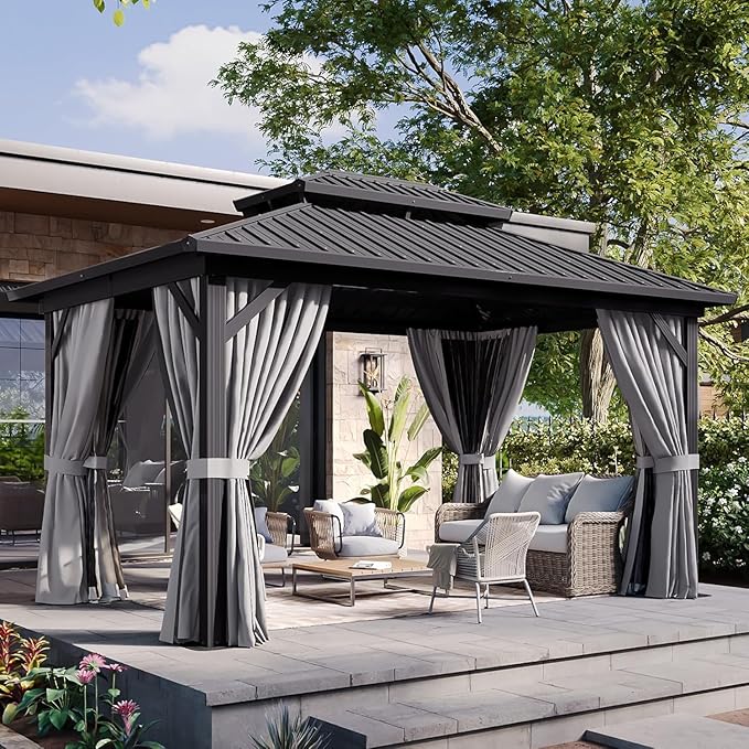 Aoxun 10Ft X 12Ft Hardtop Gazebo, Aluminum Metal Outdoor Gazebo with Breathable Netting and Curtains, Galvanized Steel Double Top, Permanent Patio Pavilion for Backyard, Wedding, Party