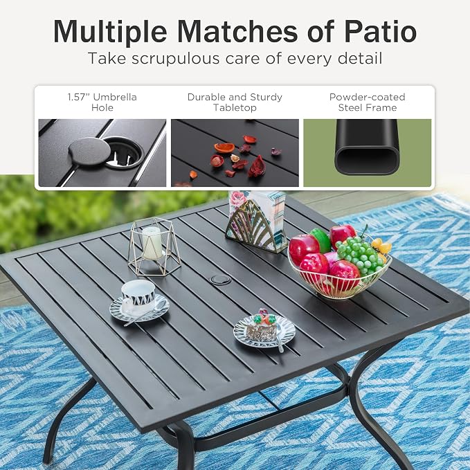 PHI VILLA 5 Piece Outdoor Dining Set, Stackable Patio Chairs & Metal Table | Textilene mesh chairs & 37'' Square Table. E-coated metal frame for patio, deck, lawn, garden. Rust-resistant, easy-clean