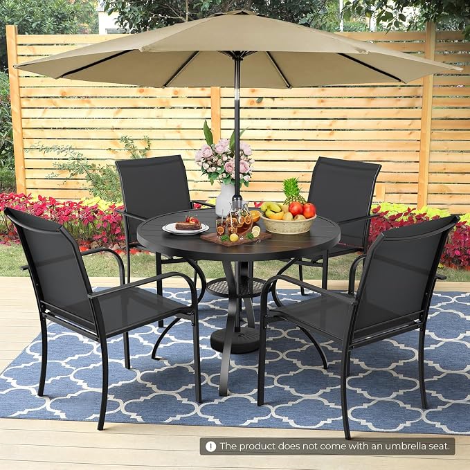 Incbruce 6 PCS Patio Dining Set with Brown Umbrella, Outdoor Dining Set of 4 Textilene Chairs and 41" Round Table with Umbrella Hole for Backyard, Garden, and Poolside (Black)
