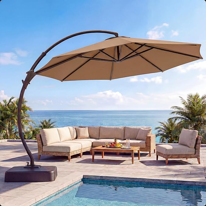 LAUSAINT HOME 11FT Curvy Cantilever Patio Umbrella with Base, 360° Rotation Offset Outdoor Umbrella, Heavy Duty Hanging Umbrella for Backyard, Pool, Garden（Tan）