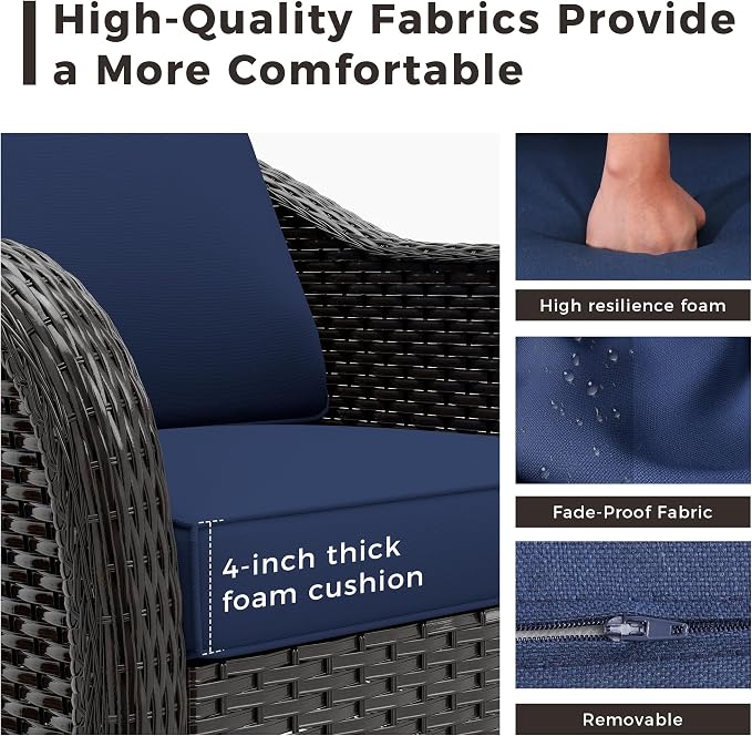 Patio PE Rattan Chairs Set of 2, All-Weather & Steel Frame Outdoor Conversation Furniture Set with Washable Cushions for Garden, Bistro, Deck, Yard (Navy Blue)