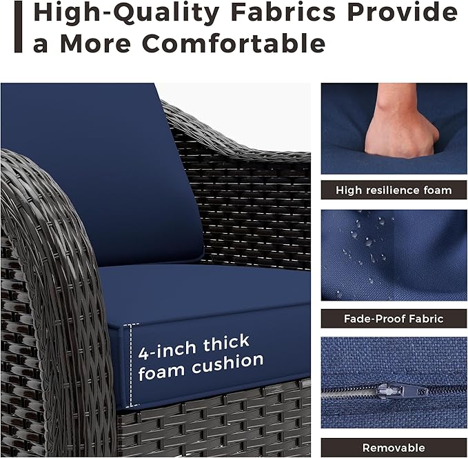 78" Wicker 3-seat Sofa, Outdoor Conversation Furniture, All-Weather Rattan Couch, Steel Frame Couch with Cushions for Garden, Poolside, Porch (Navy Blue)