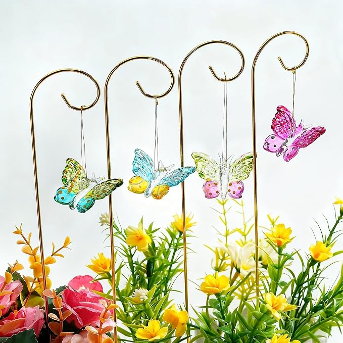 4 Pack Blown Glass Butterfly Decorative Garden Stakes | Colorful Butterflies With 13.5'' Tall Gold Plant Trellis for Indoor Outdoor Lawn Porch Pathway Patio Plant Potted Flower Bed