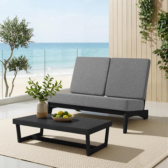 All Weather Patio Furniture Sets, 4 Pieces Black Wood Outdoor Sectional Futniture Patio Sofa Chair Backyard Conversation Set with Solid Wooden Coffee Table - Light Gray