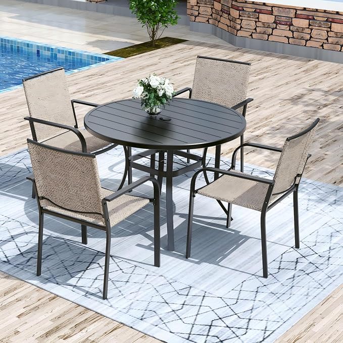Anmutig 5 Piece Patio Dining Set 41 Inch Round Table Stackable Chairs Beige | Powder-Coated Steel Frame, Quick-Dry Textilene Mesh, Dual-Size Umbrella Hole, Weather Resistant, Patio, Garden, Backyard