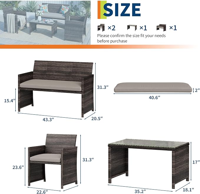 Garvee 4-Piece Patio Furniture Set, PE Rattan Outdoor Conversation Set with Cushions & Tempered Glass Table, All-Weather Wicker Patio Table and Chairs Set for Patio, Porch, Backyard, Brown and Grey
