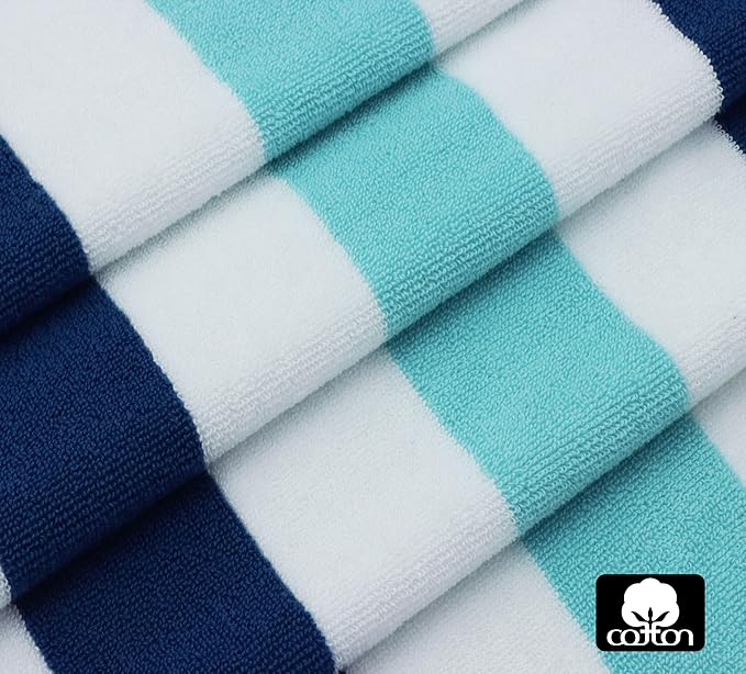 COTTON CRAFT Pool Lounge Chair Cover - 2 Pack Cabana Stripe Chaise Lounge Chair Cover - Soft 100% Cotton Dobby Terry Towel Beach Chair Cover - Oversized 32 W x 82 Length x 7 inch Pocket – Ocean Blue