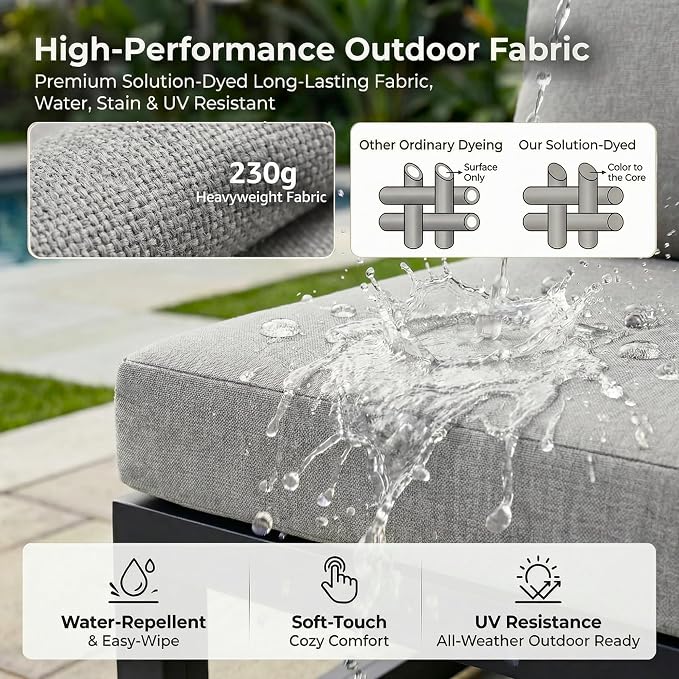 RADIATA 6 Seat Large Luxury Aluminum Patio Conversation Set with Fire Pit Table Propane/Gas, 29 inch Deep Wide Sectional Couch, 500 lbs Heavy Duty All Weather Outdoor Sofa for Backyard, Light Gray