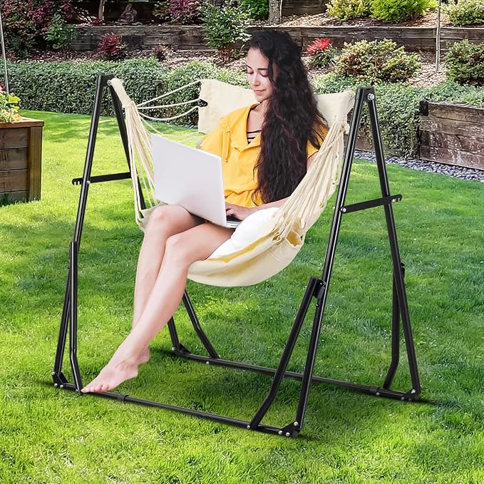 2 in 1 Hammock with Stand, Outdoor Hammock Swing Chair with Portable Heavy Duty Stand, Multi-Functional Hammock Stand 480 lbs Weight Capacit-White
