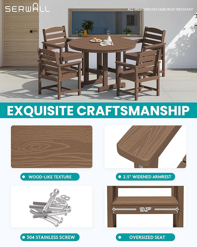 SERWALL 6-Piece Patio Dining Sets, HDPE Outdoor Table and Chairs Furniture Set with Umbrella, 45" Round Dining Table & 4 Dining Chairs & 1 9FT Umbrella, Brown(Not Include Umbrella Base)