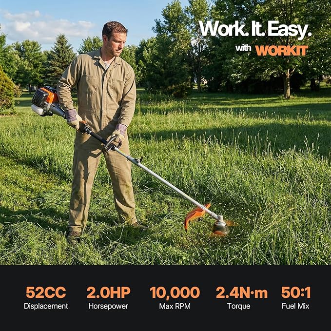 WORKIT 5-in-1 Gas Weed Wacker 52CC 2-Stroke Weed Eater Grass Trimmer 18" String Trimmer with 0.095" Dual Line Brush Cutter Auto Bump Feed Sturdy Metal Trimmer Lawn for Men & Professionals