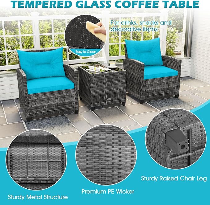 ORALNER Patio Furniture, 3 Pieces Outdoor Wicker Conversation Set Chairs with Soft Cushions and Glass Coffee Table, Rattan Bistro Set for Balcony Garden Deck Front Porch Poolside (Turquoise)