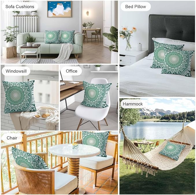 Vandarllin Outdoor Throw Pillows Covers 26x26 inch Set of 2 Waterproof Green Boho Floral Decorative Zippered Cushion Covers for Patio Furniture, Bohemian Sacred Space Art Lumbar Pillowcases