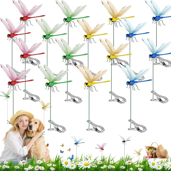 16 Pcs Dragonfly Clip, Dragonfly Garden Stakes Decor, Dragon Fly Hat Clip, Dragonfly Humming Bird Stakes, Garden Decor for Indoor Outdoor