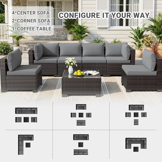 LAFWLL 7 Pieces Outdoor Patio Furniture Sets,Rattan Conversation Sectional Set,Manual Weaving Wicker Patio Sofa with Tea Table