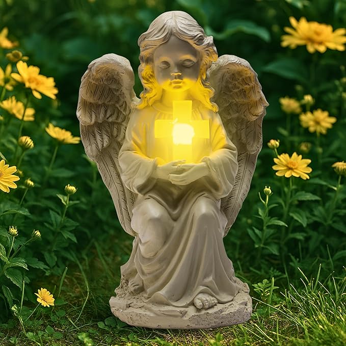 Solar Angel Garden Statue with Cross, 12" Memorial Cemetery Guardian Light | Bright all-night warm glow, true-to-size 12in, weatherproof resin built to last - not flimsy plastic; lights up every night