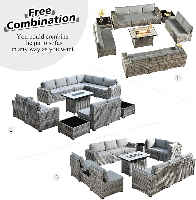 HOOOWOOO Outdoor Patio Sectional Furniture Sofa Set with Propane Fire Pit Table,13 Piece Large Modern Wicker Couch with Widened Armrest,Modular L Shaped Conversation Seating Set(Dark Grey)