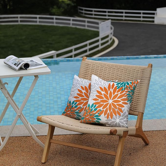 DFXSZ Outdoor Waterproof Pillow Covers 16x16 Set of 2 Orange Grey Flower | Spring Summer Waterproof Flower Throw Pillowcases（No Inserts）Outdoor Decor for Fall Patio Funiture Garden Polyester Covers