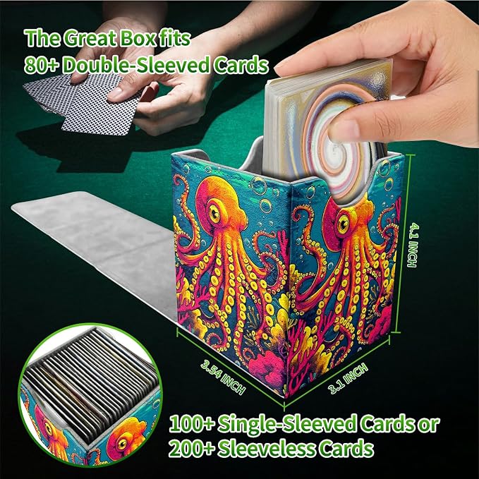 Octopus Ocean Bottom Card Deck Box for MTG, Personalized Card Storage Case Fits 120+ Sleeved Cards, Premium Leather TCG Box with Strong Magnetic Closure for Magic, CCG, PTCG, Baseball Cards