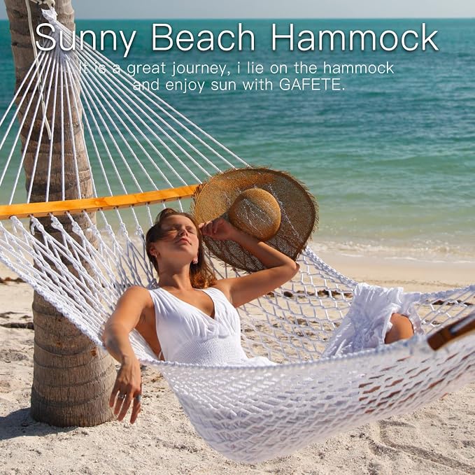 Gafete Rope Hammocks Swing with 5ft Tree Straps, Traditional Hand Woven Cotton 52" Double Hammock with Free Chains & Straps & Hooks & Hardwood Spreader Bar for Outside Outdoor, Max 450Lbs (Natural)
