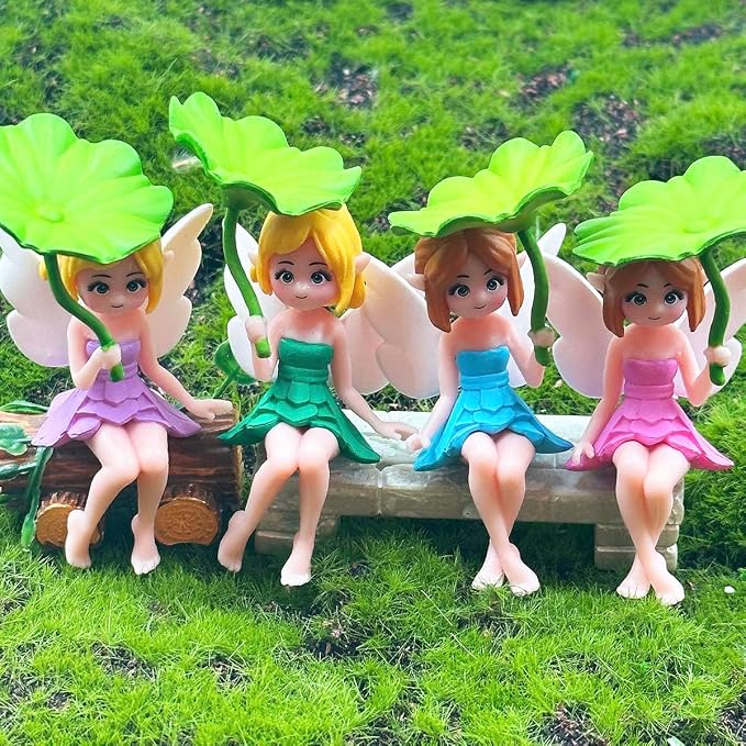 Miniature Fairy Figurines - 4Pcs Flower Small Fairies Ornaments Resin Mini Fairy Figurines Tiny Elf for DIY Fairy Garden Flower Pot Bonsai Micro Landscapes Craft Decoration Accessories (lotus leaf)