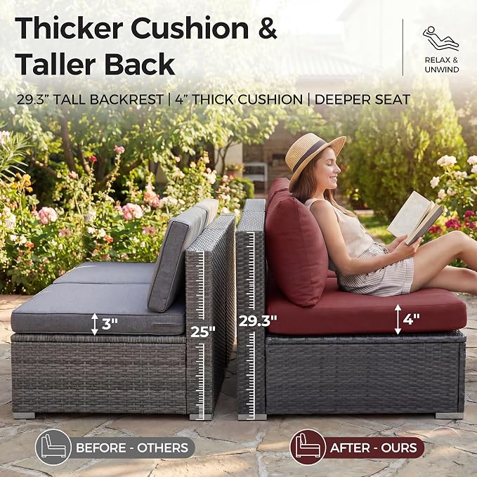 NICESOUL 13 Piece Outdoor Furniture with Fire Pit, Luxurious Wicker Patio Sectional with Fire Pit & Chaise Lounge, 500 lbs Heavy Duty 10-Person Deep Wide Couch Set for Deck, Lawn, Grey & Burgundy
